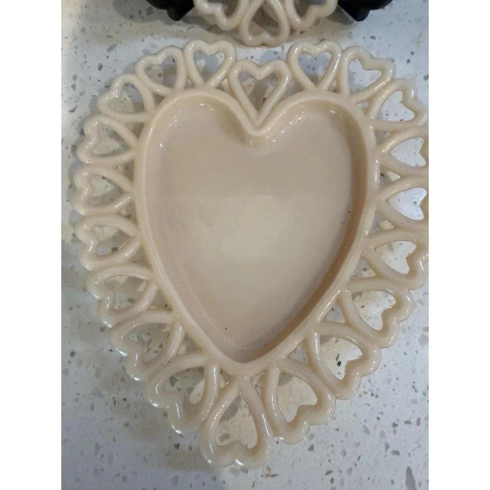 2 Westmoreland Almond Cream Heart Plate Lace Hand Painted Mid Century Milk Glass